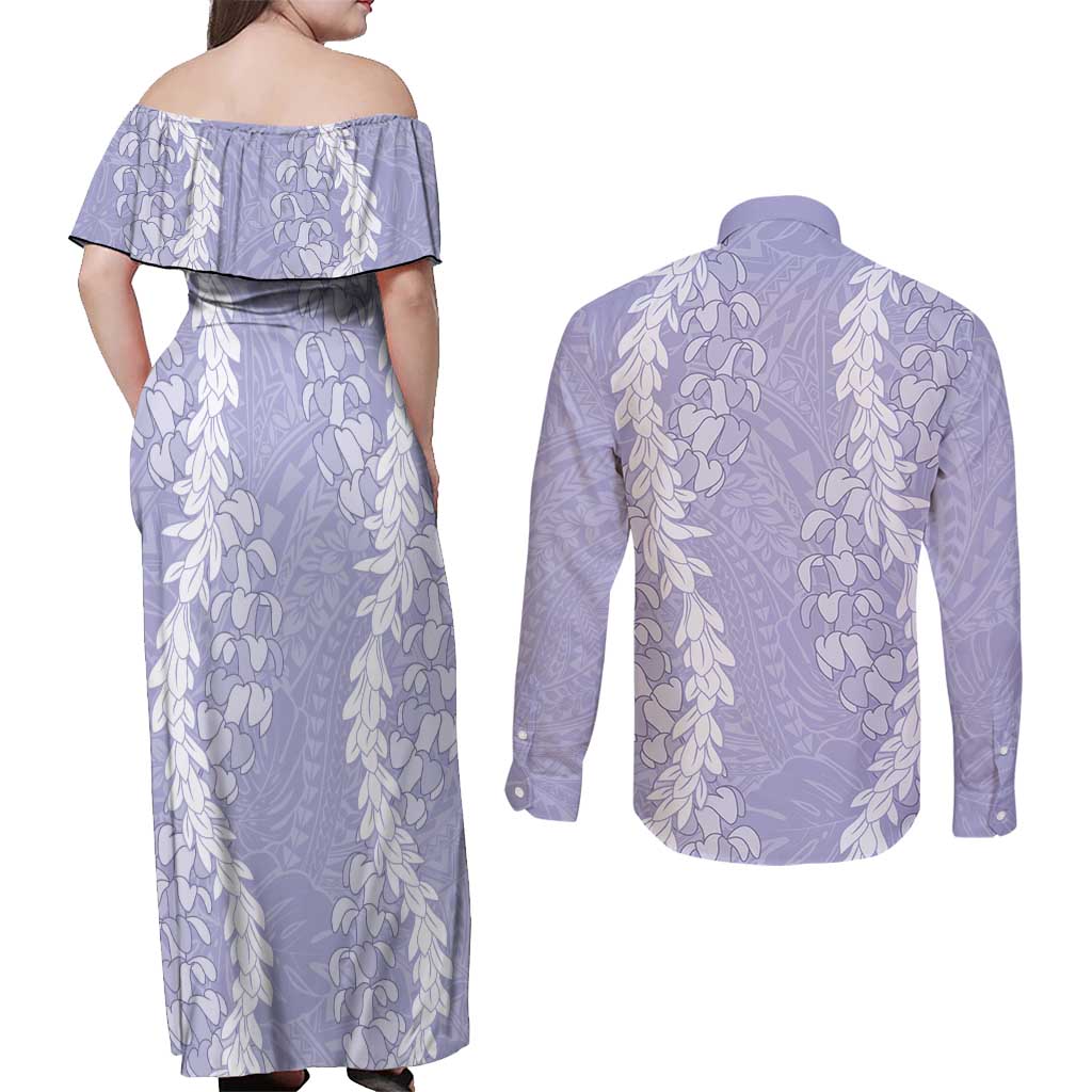 Puakenikeni and Maile Lei Couples Matching Off Shoulder Maxi Dress and Long Sleeve Button Shirt Purple Double Strand Lei