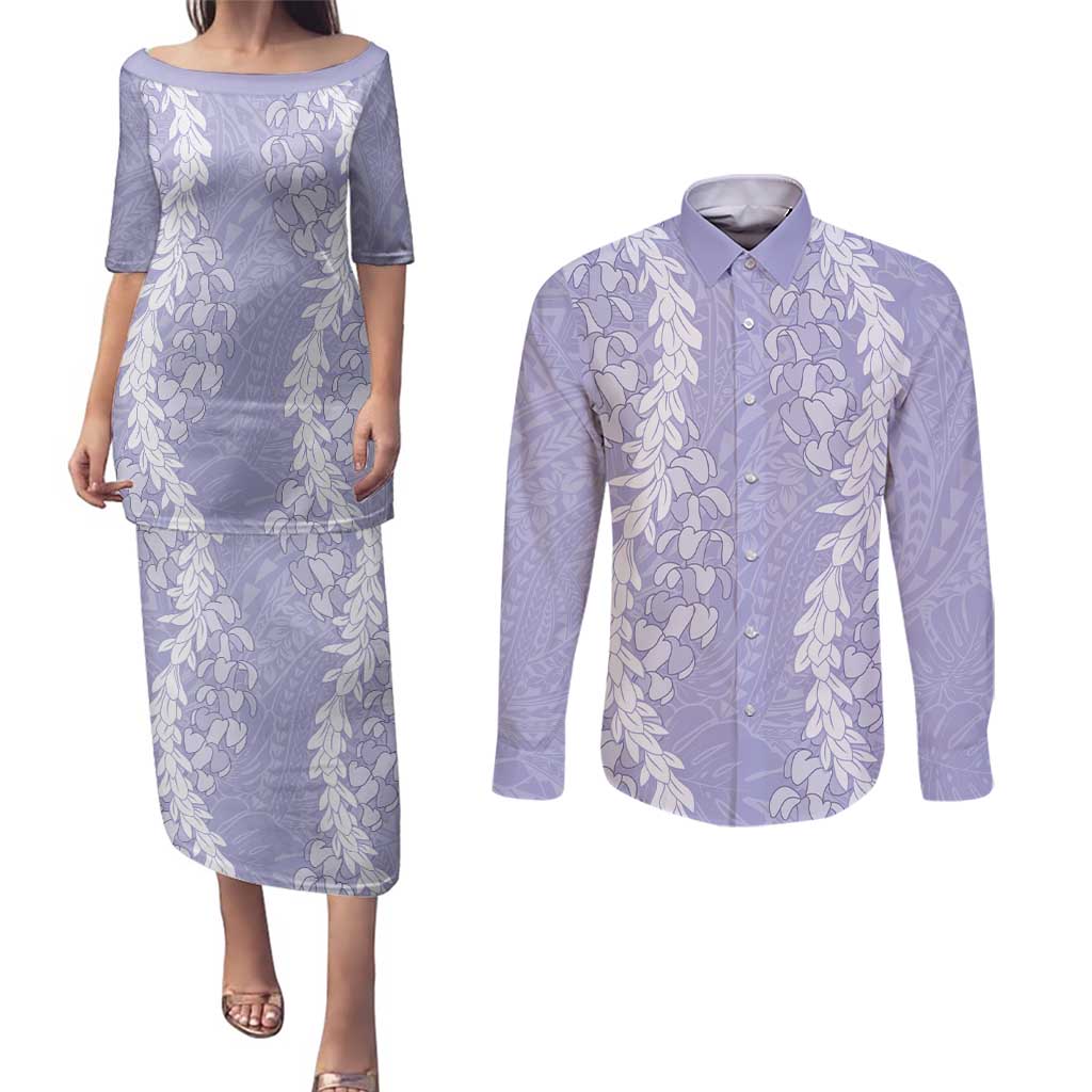 Puakenikeni and Maile Lei Couples Matching Puletasi and Long Sleeve Button Shirt Purple Double Strand Lei