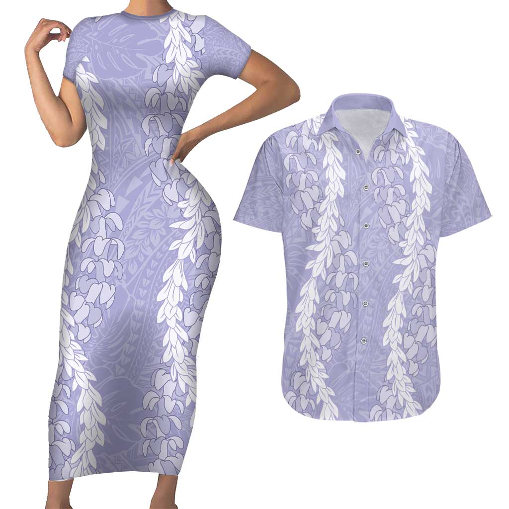 Puakenikeni and Maile Lei Couples Matching Short Sleeve Bodycon Dress and Hawaiian Shirt Purple Double Strand Lei