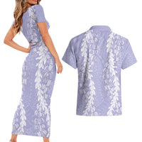 Puakenikeni and Maile Lei Couples Matching Short Sleeve Bodycon Dress and Hawaiian Shirt Purple Double Strand Lei