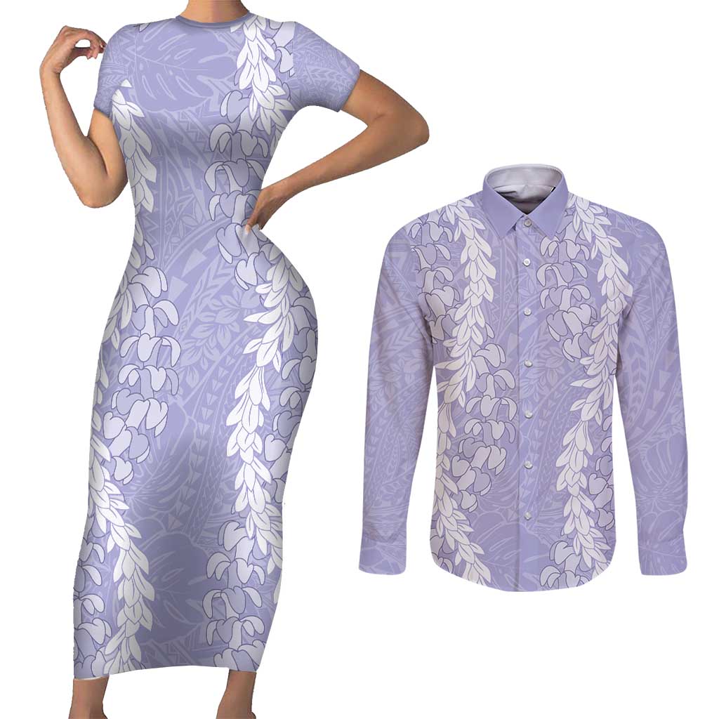Puakenikeni and Maile Lei Couples Matching Short Sleeve Bodycon Dress and Long Sleeve Button Shirt Purple Double Strand Lei