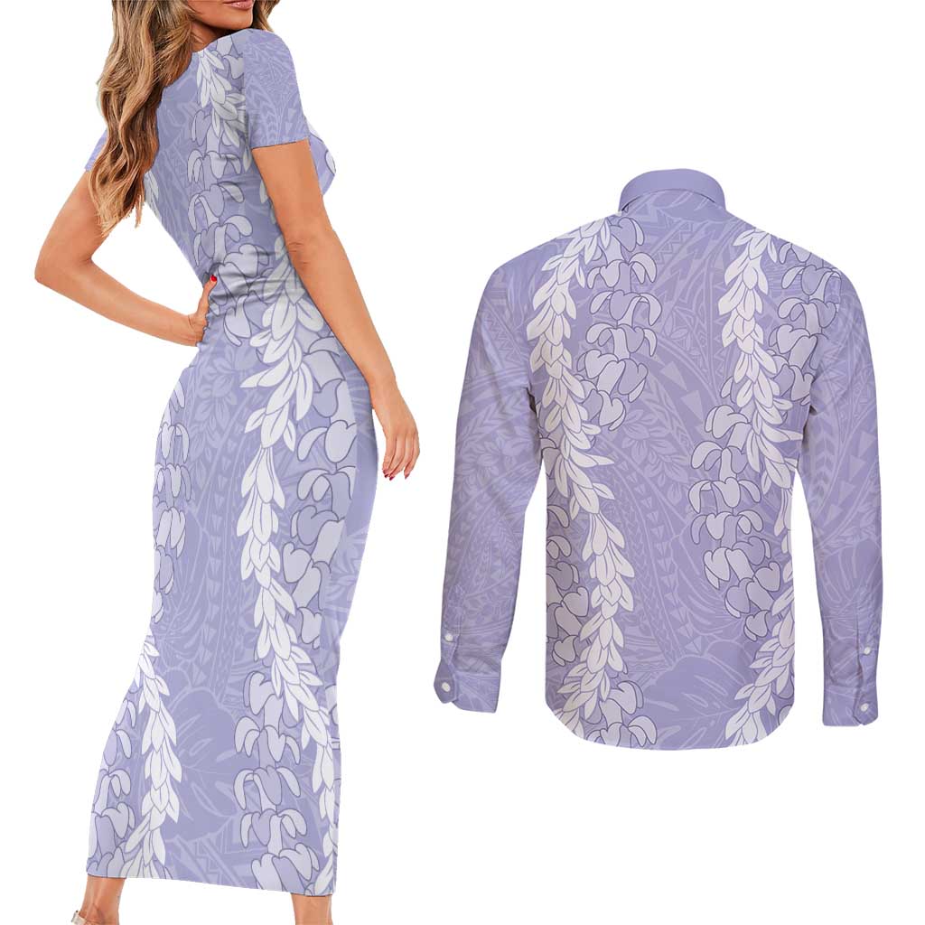 Puakenikeni and Maile Lei Couples Matching Short Sleeve Bodycon Dress and Long Sleeve Button Shirt Purple Double Strand Lei
