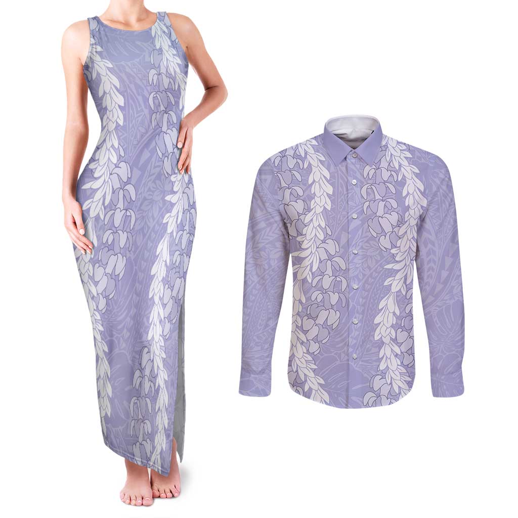 Puakenikeni and Maile Lei Couples Matching Tank Maxi Dress and Long Sleeve Button Shirt Purple Double Strand Lei