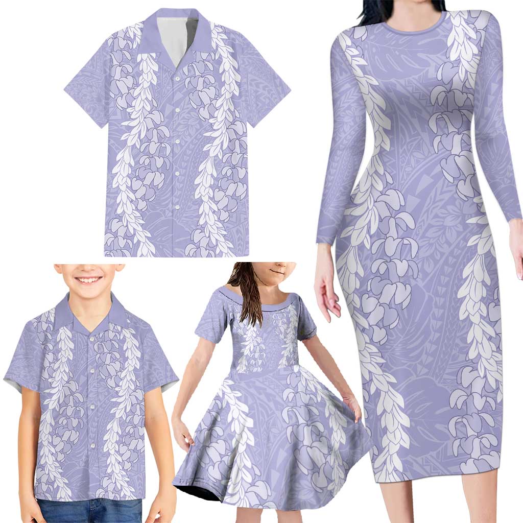 Puakenikeni and Maile Lei Family Matching Long Sleeve Bodycon Dress and Hawaiian Shirt Purple Double Strand Lei