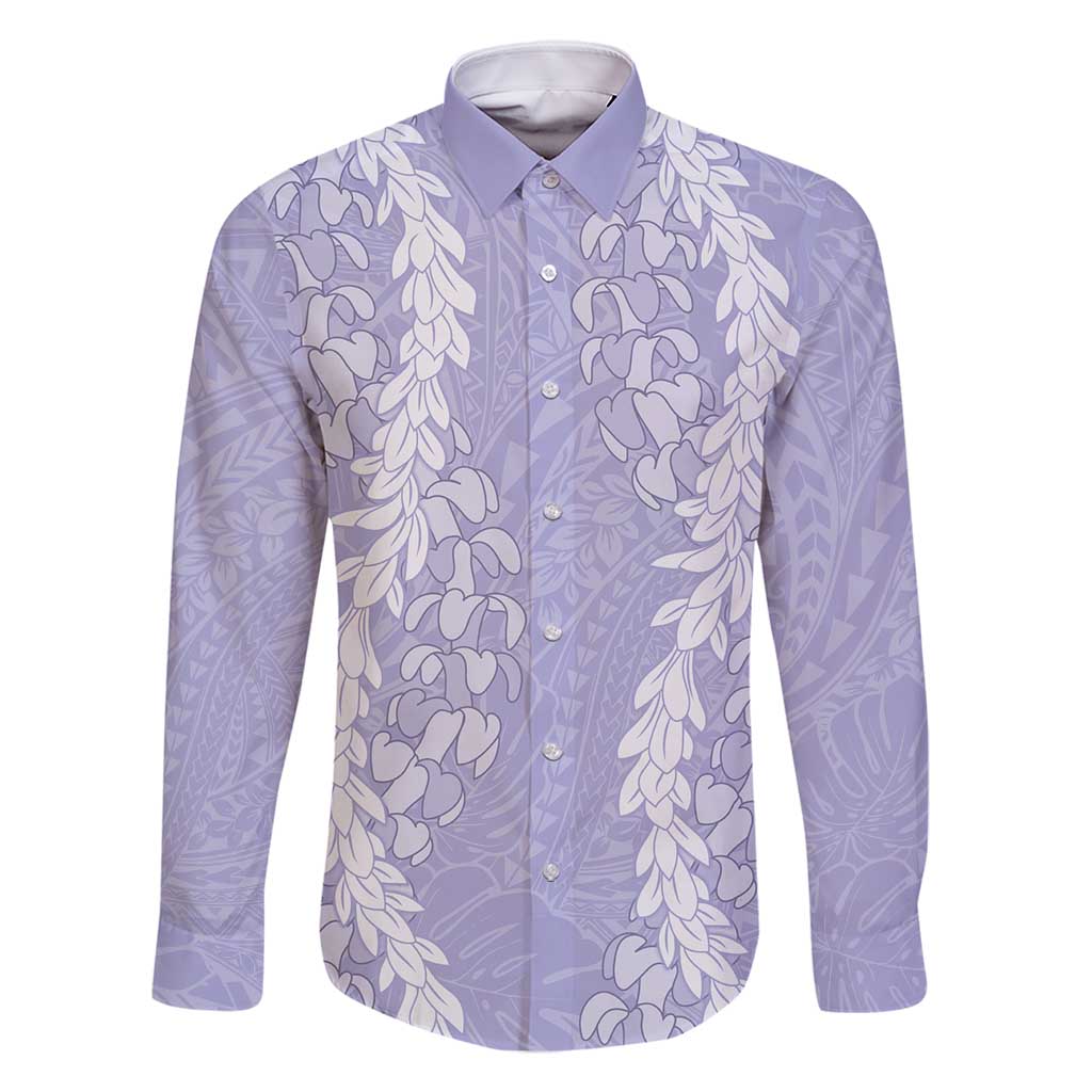 Puakenikeni and Maile Lei Family Matching Off Shoulder Maxi Dress and Hawaiian Shirt Purple Double Strand Lei