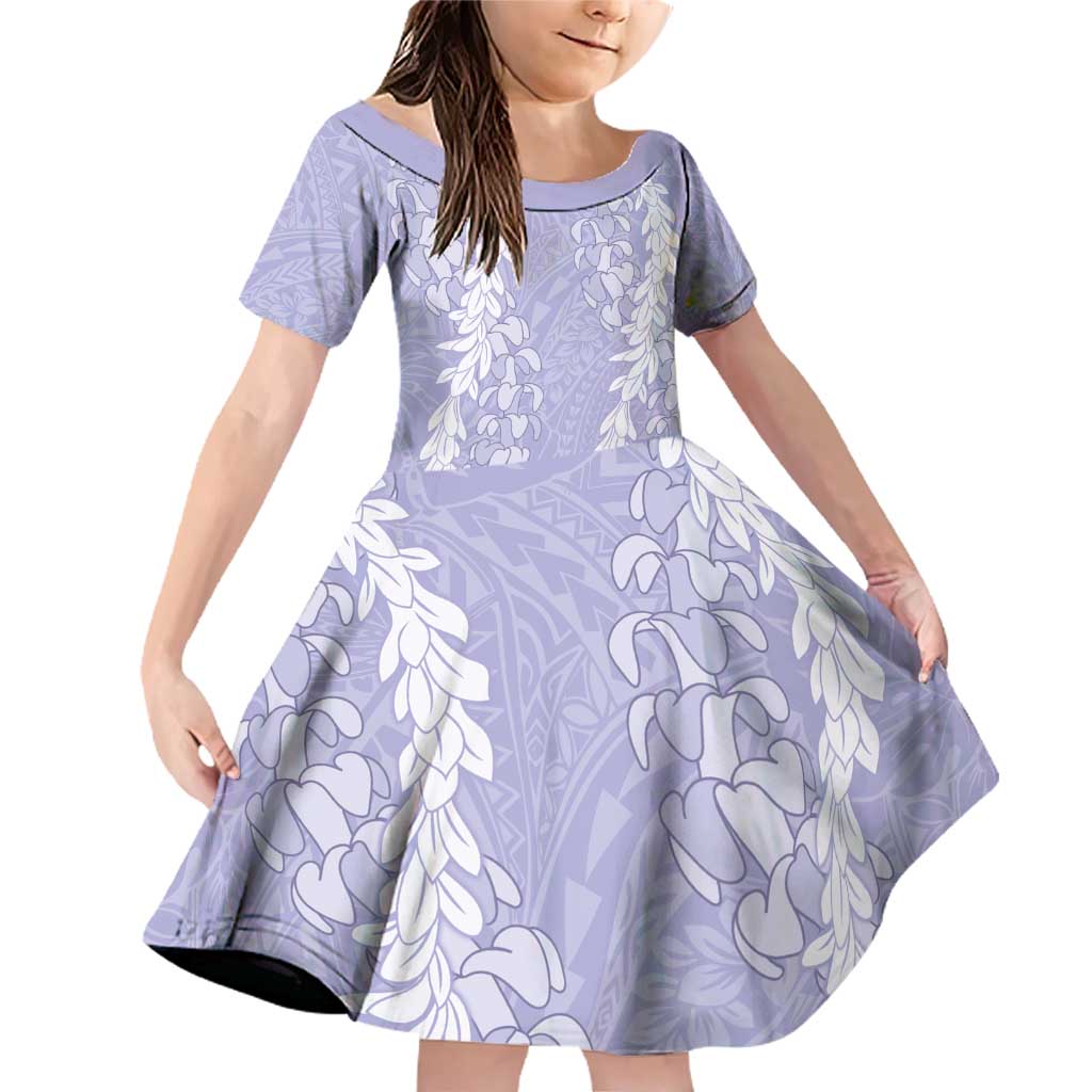 Puakenikeni and Maile Lei Family Matching Off Shoulder Short Dress and Hawaiian Shirt Purple Double Strand Lei