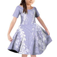 Puakenikeni and Maile Lei Family Matching Off Shoulder Short Dress and Hawaiian Shirt Purple Double Strand Lei