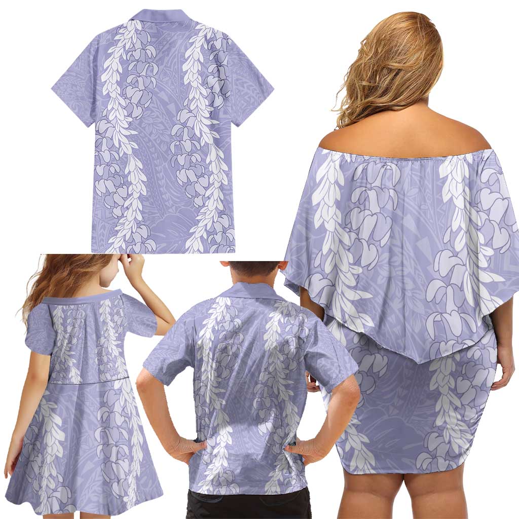 Puakenikeni and Maile Lei Family Matching Off Shoulder Short Dress and Hawaiian Shirt Purple Double Strand Lei