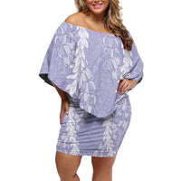 Puakenikeni and Maile Lei Family Matching Off Shoulder Short Dress and Hawaiian Shirt Purple Double Strand Lei