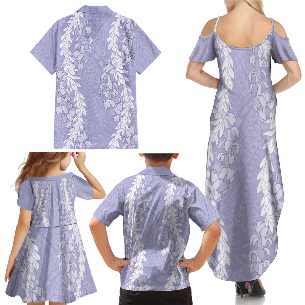 Puakenikeni and Maile Lei Family Matching Summer Maxi Dress and Hawaiian Shirt Purple Double Strand Lei
