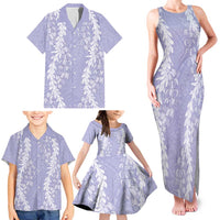 Puakenikeni and Maile Lei Family Matching Tank Maxi Dress and Hawaiian Shirt Purple Double Strand Lei