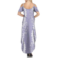Puakenikeni and Maile Lei Summer Maxi Dress Purple Double Strand Lei