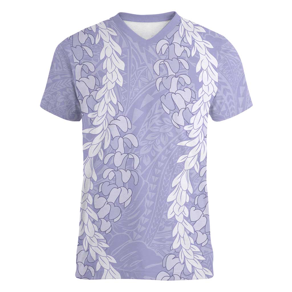 Puakenikeni and Maile Lei Women V-Neck T-Shirt Purple Double Strand Lei LT9 Female Purple - Polynesian Pride