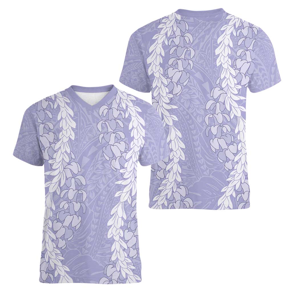 Puakenikeni and Maile Lei Women V-Neck T-Shirt Purple Double Strand Lei LT9 - Polynesian Pride