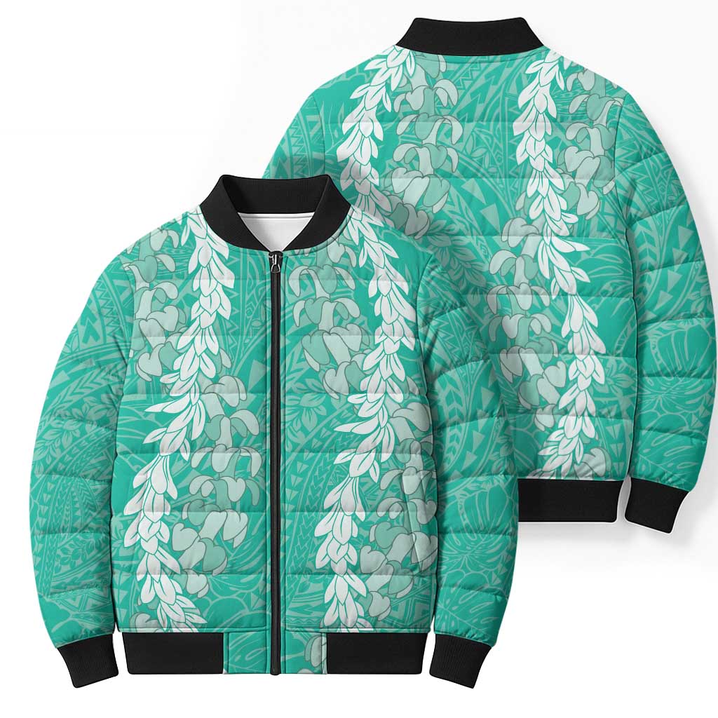 Puakenikeni and Maile Lei Bomber Puffer Jacket Sage Green Double Strand Lei LT9 - Polynesian Pride