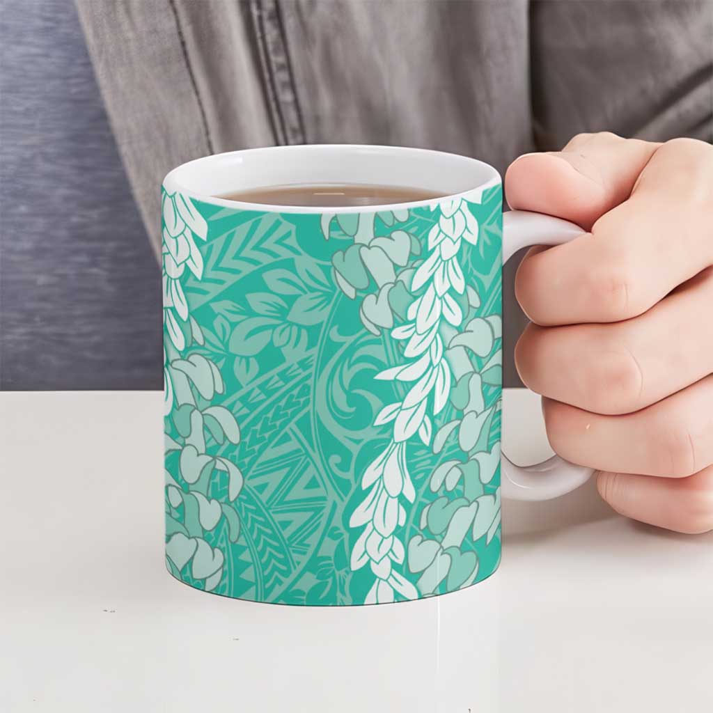 Puakenikeni and Maile Lei Ceramic Mug Sage Green Double Strand Lei LT9 - Polynesian Pride