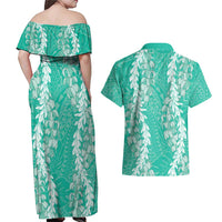 Puakenikeni and Maile Lei Couples Matching Off Shoulder Maxi Dress and Hawaiian Shirt Sage Green Double Strand Lei