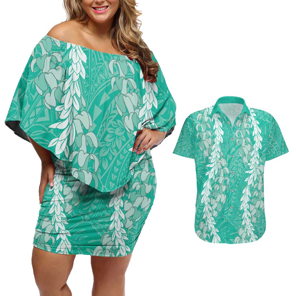 Puakenikeni and Maile Lei Couples Matching Off Shoulder Short Dress and Hawaiian Shirt Sage Green Double Strand Lei