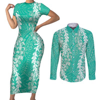 Puakenikeni and Maile Lei Couples Matching Short Sleeve Bodycon Dress and Long Sleeve Button Shirt Sage Green Double Strand Lei