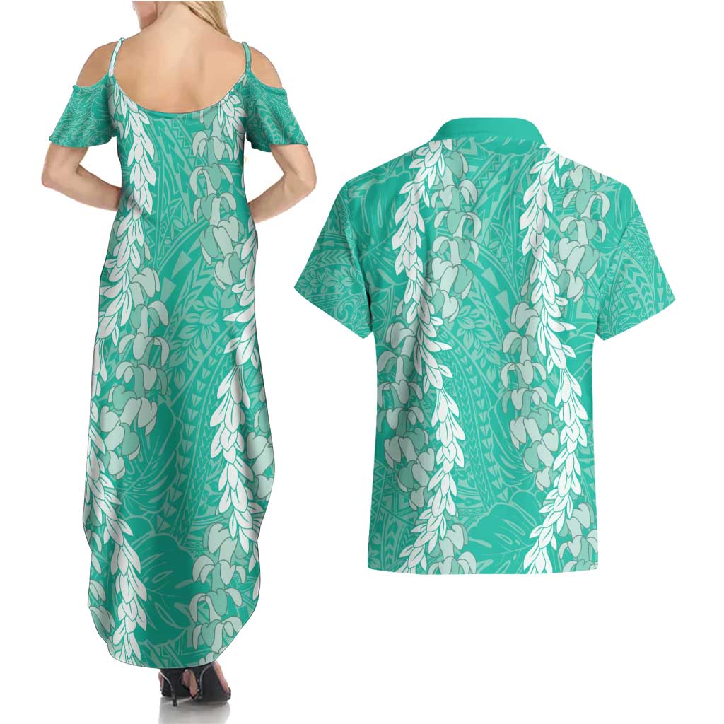 Puakenikeni and Maile Lei Couples Matching Summer Maxi Dress and Hawaiian Shirt Sage Green Double Strand Lei