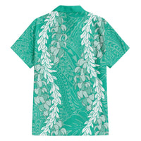 Puakenikeni and Maile Lei Family Matching Long Sleeve Bodycon Dress and Hawaiian Shirt Sage Green Double Strand Lei
