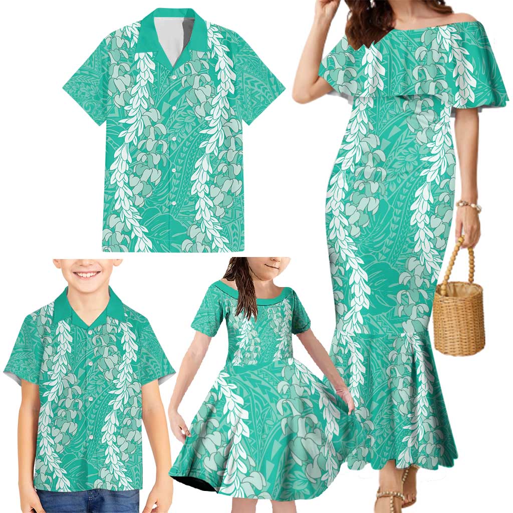 Puakenikeni and Maile Lei Family Matching Mermaid Dress and Hawaiian Shirt Sage Green Double Strand Lei
