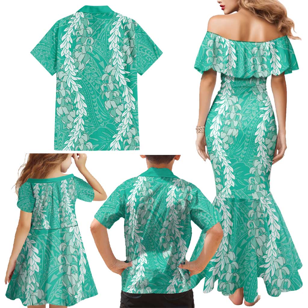 Puakenikeni and Maile Lei Family Matching Mermaid Dress and Hawaiian Shirt Sage Green Double Strand Lei