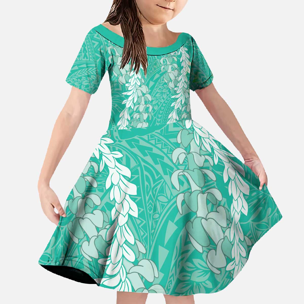 Puakenikeni and Maile Lei Family Matching Off The Shoulder Long Sleeve Dress and Hawaiian Shirt Sage Green Double Strand Lei