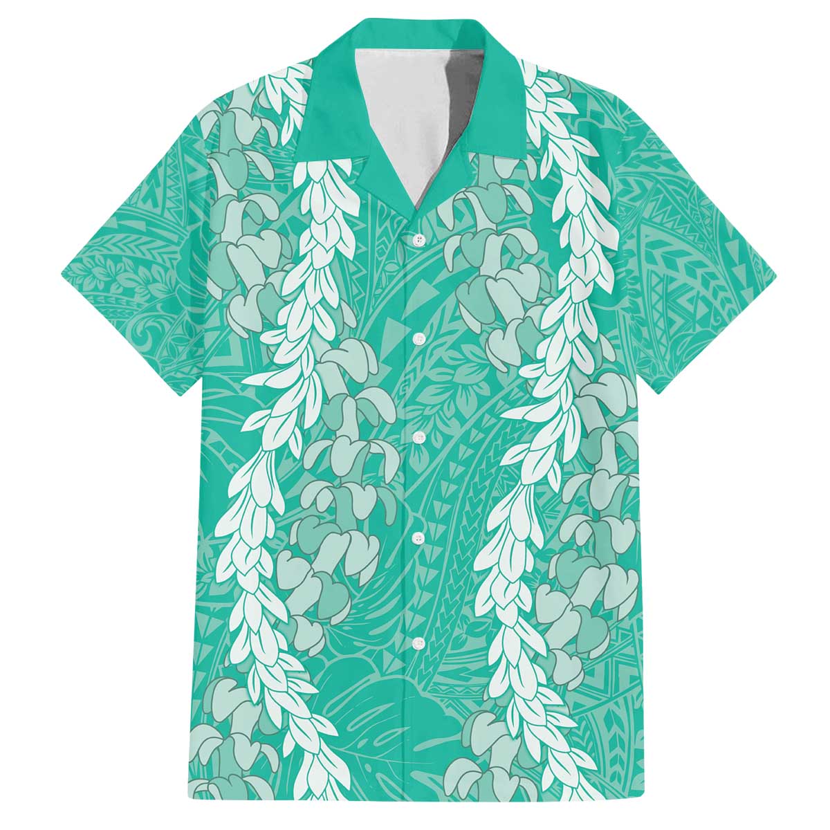 Puakenikeni and Maile Lei Family Matching Off The Shoulder Long Sleeve Dress and Hawaiian Shirt Sage Green Double Strand Lei