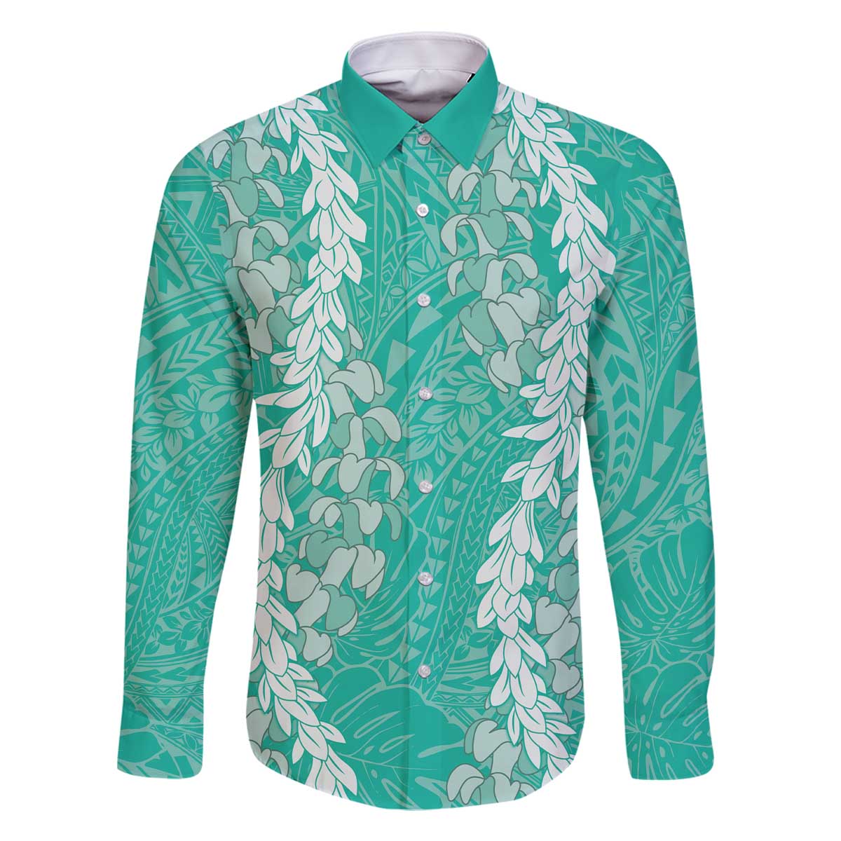 Puakenikeni and Maile Lei Family Matching Off The Shoulder Long Sleeve Dress and Hawaiian Shirt Sage Green Double Strand Lei