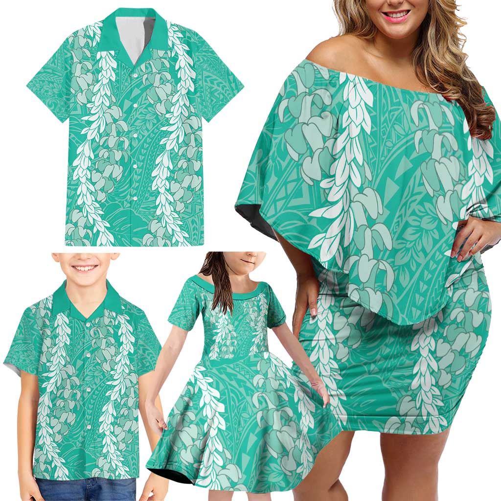 Puakenikeni and Maile Lei Family Matching Off Shoulder Short Dress and Hawaiian Shirt Sage Green Double Strand Lei