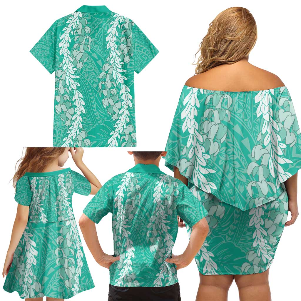 Puakenikeni and Maile Lei Family Matching Off Shoulder Short Dress and Hawaiian Shirt Sage Green Double Strand Lei