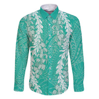 Puakenikeni and Maile Lei Family Matching Off Shoulder Short Dress and Hawaiian Shirt Sage Green Double Strand Lei