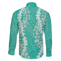 Puakenikeni and Maile Lei Family Matching Off Shoulder Short Dress and Hawaiian Shirt Sage Green Double Strand Lei