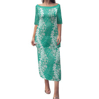 Puakenikeni and Maile Lei Family Matching Puletasi and Hawaiian Shirt Sage Green Double Strand Lei