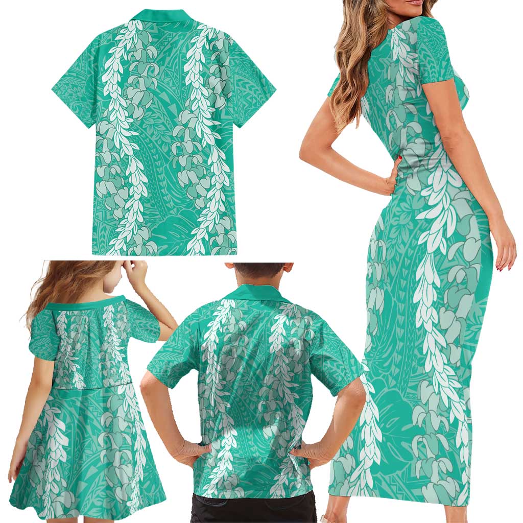 Puakenikeni and Maile Lei Family Matching Short Sleeve Bodycon Dress and Hawaiian Shirt Sage Green Double Strand Lei