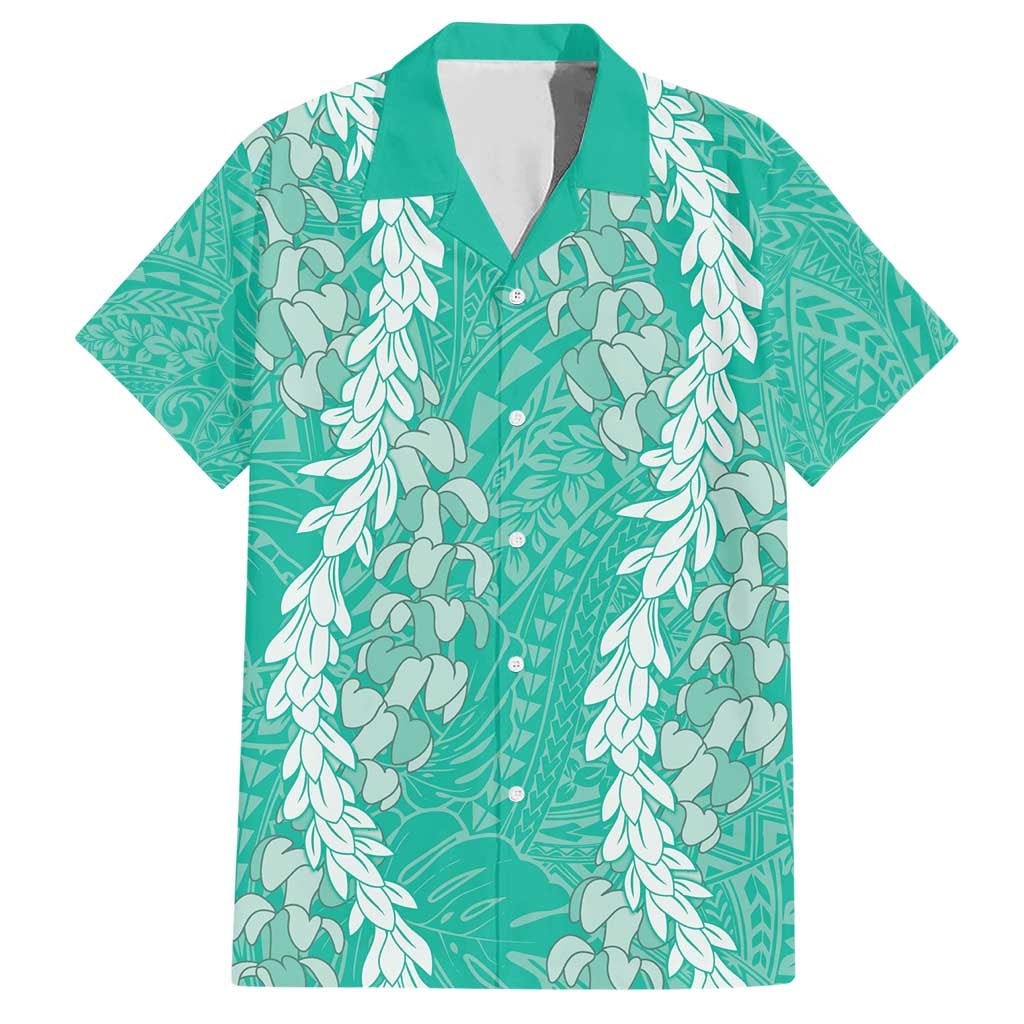 Puakenikeni and Maile Lei Family Matching Short Sleeve Bodycon Dress and Hawaiian Shirt Sage Green Double Strand Lei