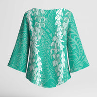 Puakenikeni and Maile Lei Kimono Sleeve Blouse Sage Green Double Strand Lei - Polynesian Pride