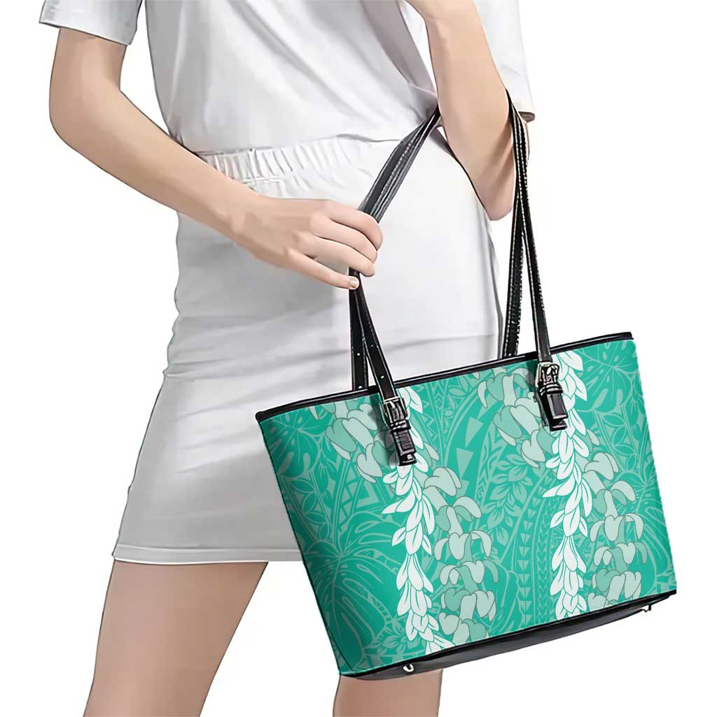 Puakenikeni and Maile Lei Leather Tote Bag Sage Green Double Strand Lei