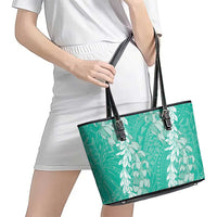 Puakenikeni and Maile Lei Leather Tote Bag Sage Green Double Strand Lei