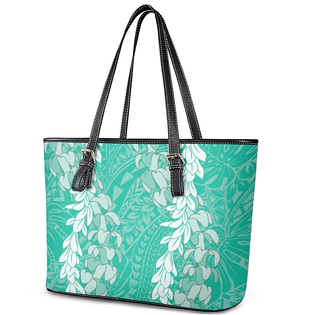 Puakenikeni and Maile Lei Leather Tote Bag Sage Green Double Strand Lei