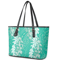 Puakenikeni and Maile Lei Leather Tote Bag Sage Green Double Strand Lei