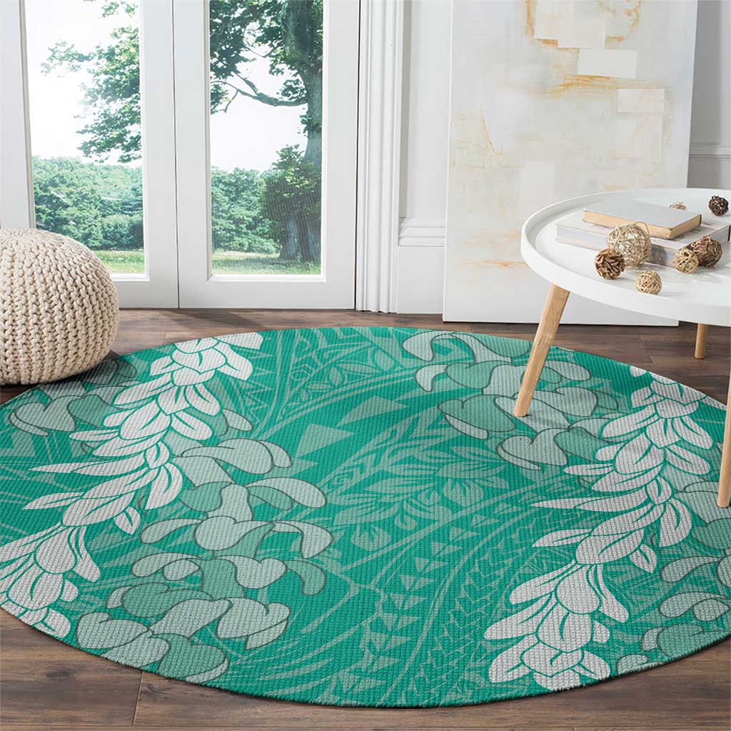 Puakenikeni and Maile Lei Round Carpet Sage Green Double Strand Lei