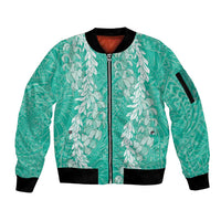 Puakenikeni and Maile Lei Sleeve Zip Bomber Jacket Sage Green Double Strand Lei