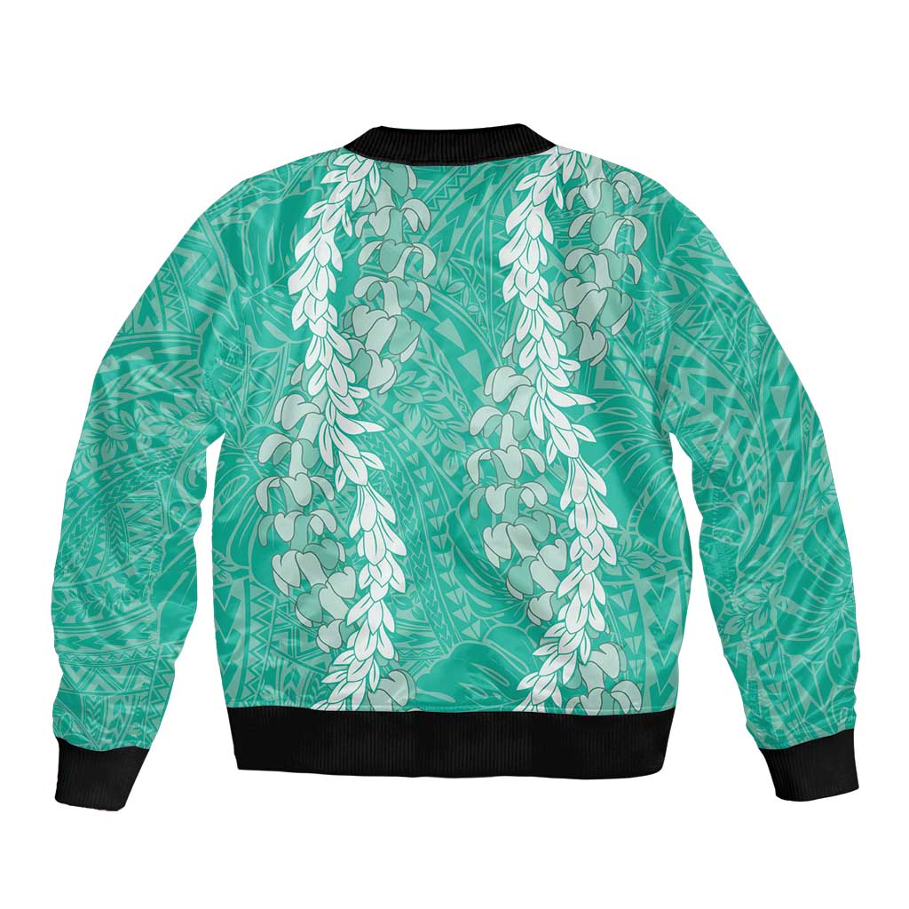 Puakenikeni and Maile Lei Sleeve Zip Bomber Jacket Sage Green Double Strand Lei