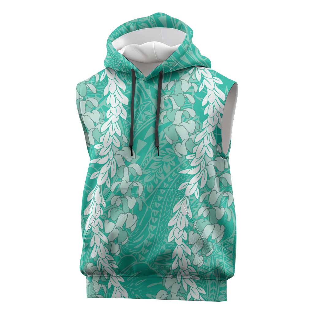 Puakenikeni and Maile Lei Sleeveless Hoodie Sage Green Double Strand Lei - Polynesian Pride