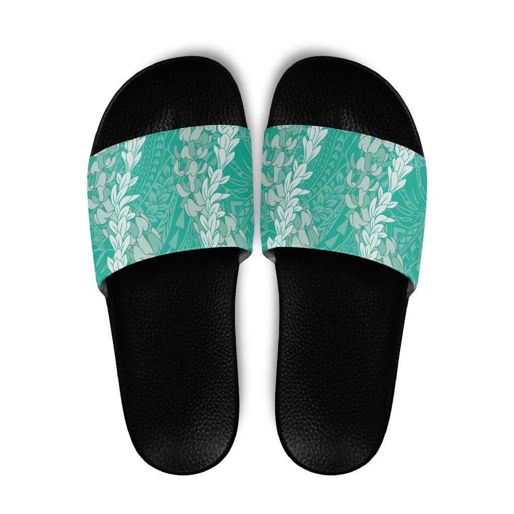 Puakenikeni and Maile Lei Slide Sandals Sage Green Double Strand Lei - Polynesian Pride