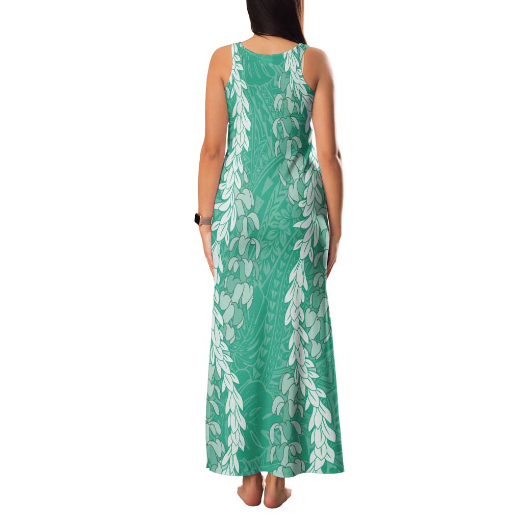 Puakenikeni and Maile Lei Tank Maxi Dress Sage Green Double Strand Lei