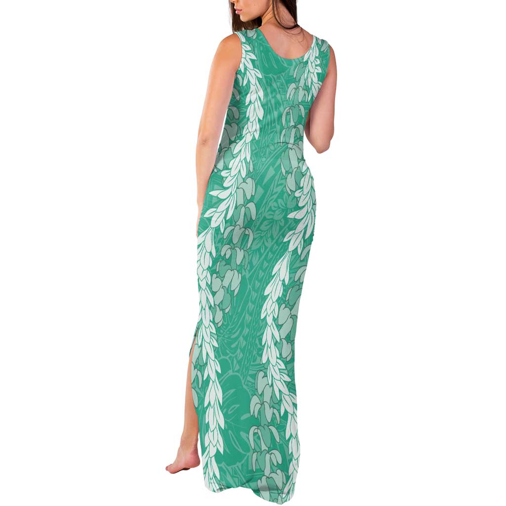 Puakenikeni and Maile Lei Tank Maxi Dress Sage Green Double Strand Lei