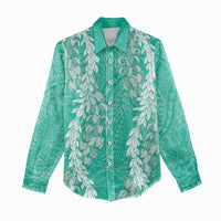 Puakenikeni and Maile Lei Women Casual Shirt Sage Green Double Strand Lei